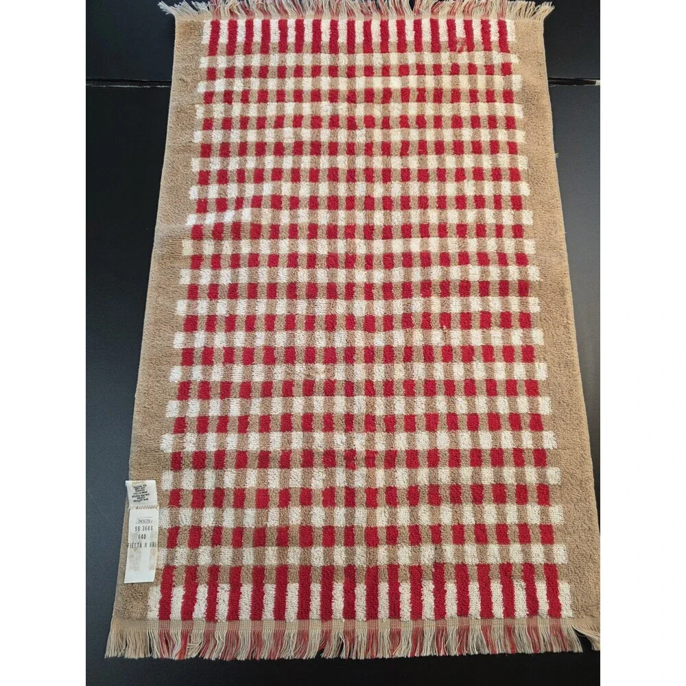 VTG 70s Sears Fiesta Hand Towel Red Beige Gingham Check Fringe Terry Cloth MCM